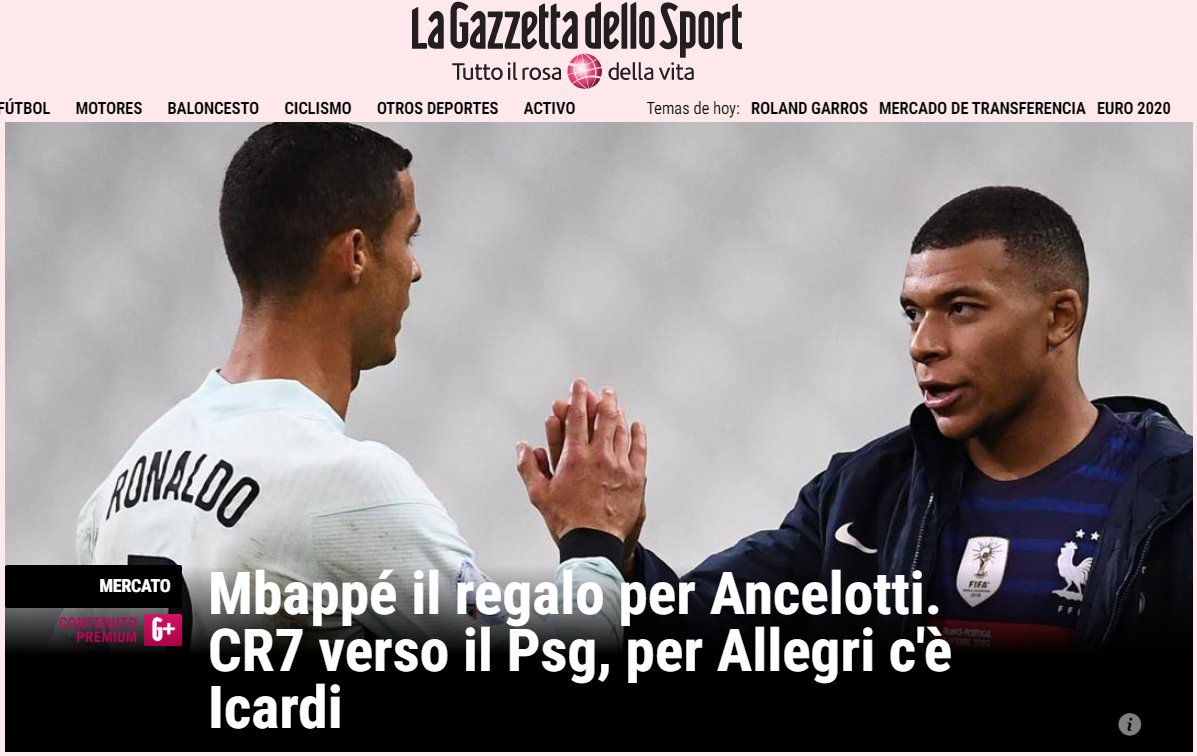 elchiringuitotv's tweet photo. 🚨 🚨 🚨 🚨 🚨 🚨 🚨

MBAPPÉ ➡️ MADRID
CR7 ➡️ PSG
ICARDI ➡️ JUVE

Ojo a la CARAMBOLA que desvela 'La Gazzetta dello Sport'.

👉#JUGONES A LAS 15:10👈 https://t.co/7kYVIFmMzs