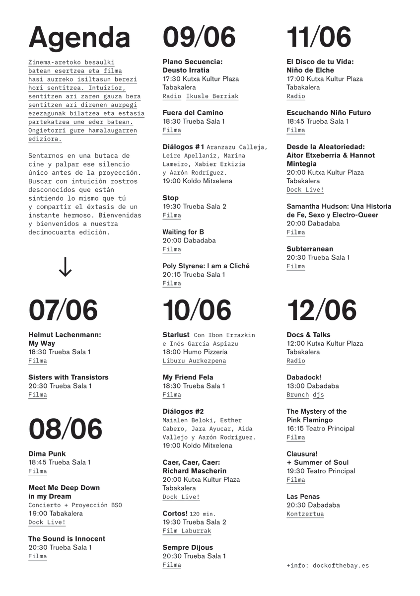 Dock_ofthe_Bay's tweet photo. [AGENDA] Resumen con todas las proyecciones y actividades por día, recuerda que el aforo es limitado en todo, corre a por tus entradas ☞ https://t.co/AsyzY4L7Ut https://t.co/XZtxzEBbsD