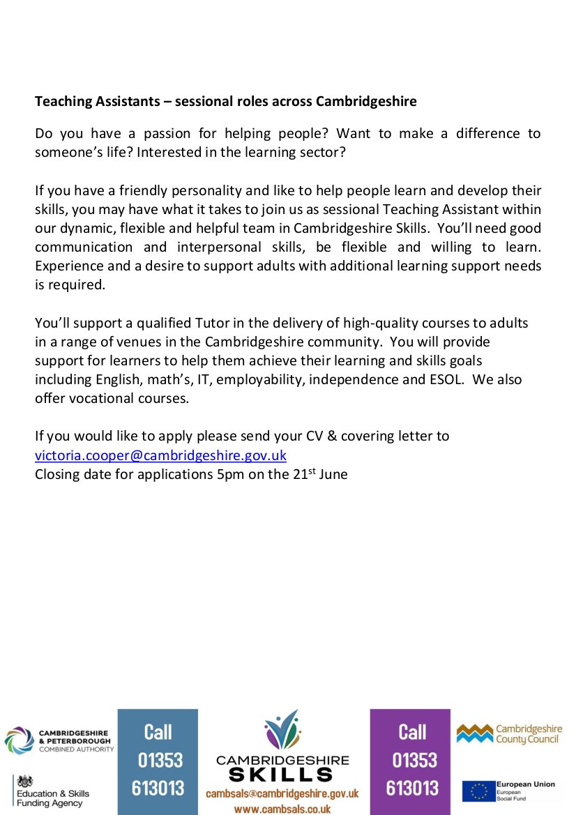 CambsSkills's tweet photo. We are looking for Sessional Teachers and Teaching Assistants, opportunities across Cambridgeshire. More details below.
@FenlandCouncil @cambslib @CambsCC @FSBEastofEng @DWP_EastAnglia @JCPInCambs @EastCambs https://t.co/ICnqbLWghq