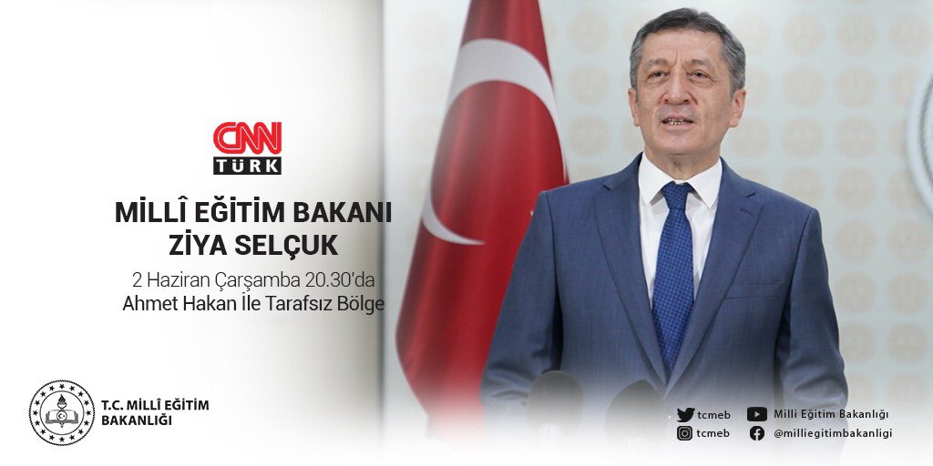 tcmeb's tweet photo. Bakanımız Sayın Ziya Selçuk, bu akşam CNN Türk’te "Ahmet Hakan ile Tarafsız Bölge” programına konuk olacak.

📺 @cnnturk 

🗓 2 Haziran Çarşamba (Bu akşam)
 
⏰ 20.30 https://t.co/AN9vYcNJKv