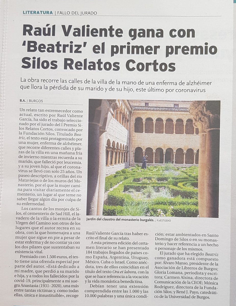 I Premio Silos de Relatos Cortos. Ganador del premio dotado con 1.500 €, D. Raúl Valiente García, con su relato titulado "Beatriz"