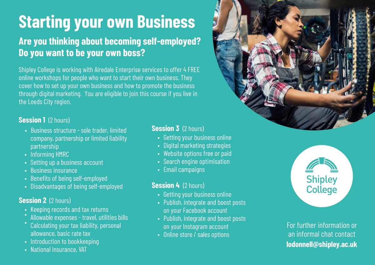 ShipleyTraining's tweet photo. Are you or do you know someone thinking of starting a business? We are running 4 online interactive sessions to help you get started. Fully funded, delivered in partnership with @airedaleES next course starts 22nd June. Please follow https://t.co/VIMEeJh1Ci to enquire. https://t.co/Y9TmQCOrQl