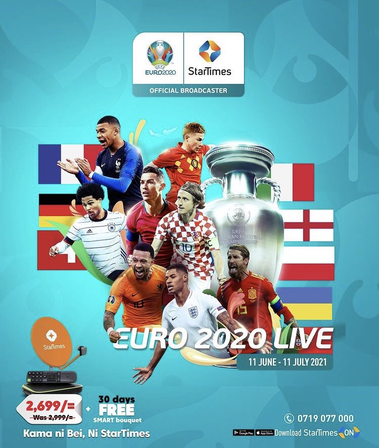StarTimesKenya's tweet photo. Bash Ya Futa Itambe! Usikose Euro 2020!

Get our StarTimes Satellite Full-Kit Dish Decoder at 2,699/- and enjoy 30 Days free of Smart Bouquet.

Watch EURO 2020 live on StarTimes Sports Channels from 11th June to 11th July 2021.

Kama ni bei, ni StarTimes.

#Euro2020Upgrade https://t.co/RE2Fk4anGy