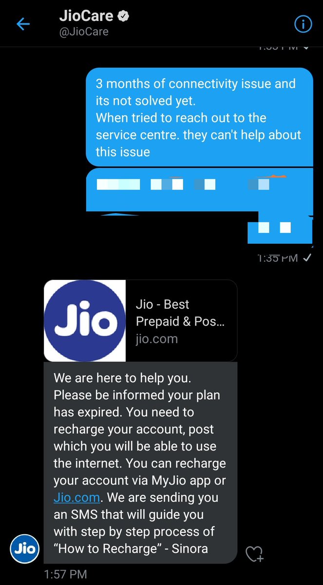 PeeinghumanA's tweet photo. This is how jio team tries to solve the issue. You need to recharge even though you can't use their service
@reliancejio @JioCare @Airtel_Presence @airtelindia https://t.co/10zGBEC5pd