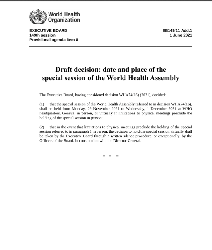 ThiruGeneva's tweet photo. .@WHO #EB149 The special session of the WHA to consider a #PandemicTreaty will take place from 29 November 2021 to 1 December 2021. @WTO #MC12 will take place from 30 November 2021 to 3 December 2021. Thanksgiving is on 25 November 2021. https://t.co/kG1FWq42Yq