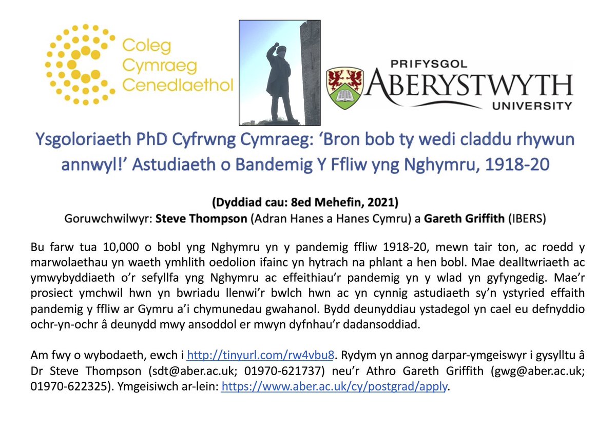beca_evans's tweet photo. *Cyfle!* 
Ysgoloriaeth PhD cyfrwng cymraeg ar gael - Astudiaeth o Bandemig Y Ffliw yng Nghymru, 1918-20 - dyddiad cau 8fed Mehefin 2021
@colegcymraeg @OlraddCCC @Prifysgol_Aber https://t.co/BjwdC3CKDi