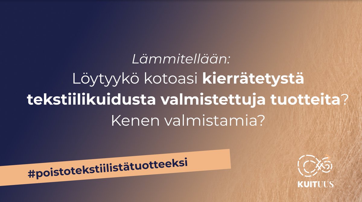 Aloitetaan! Lämmittelynä: Löytyykö kotoasi kierrätetyistä tekstiilikuiduista valmistettuja tuotteita? Kenen valmistamia? <a href="/OyRester/">Rester Ltd</a> @mikkomaek @kirsticura @salkaorivuori @martat <a href="/sarigranni/">Sari Granni</a> @siniilmonen <a href="/TELAKKA/">TELAKKA</a> @finixrevolution

Tägää #poistotekstiilistätuotteeksi