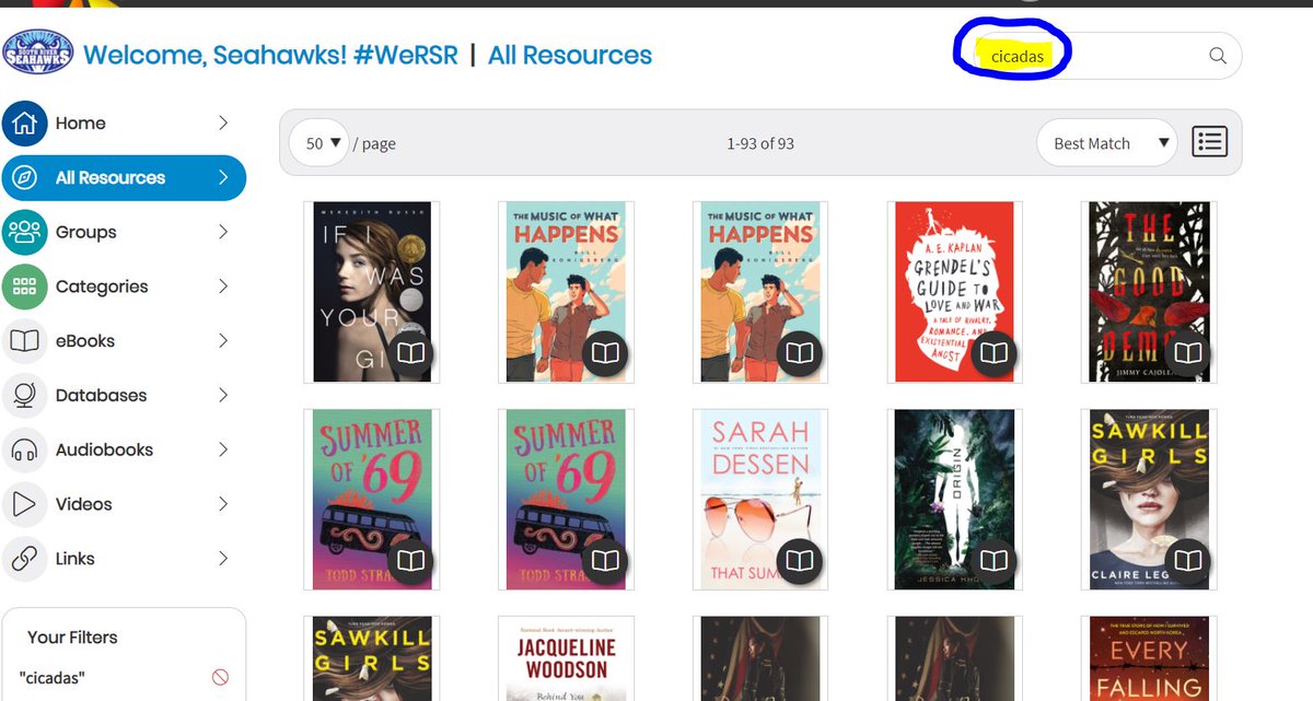 SRSeahawksMedia's tweet photo. Fun fact: When you search "cicadas" in MackinVIA, it turns out we have dozens of e-books/audiobooks that mention the melodic creatures! #SRHSReads https://t.co/fagKeSu7D4