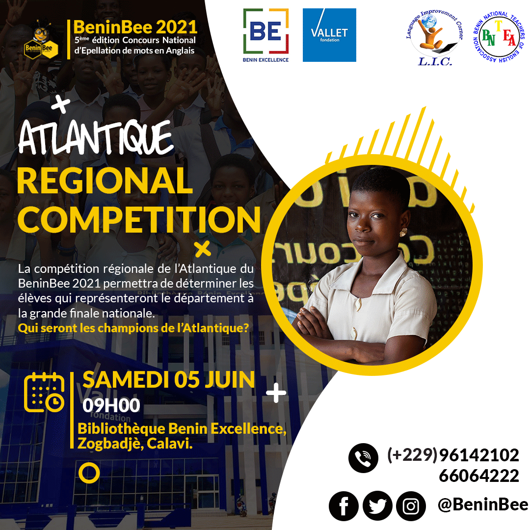 BeninBee's tweet photo. Les compétitions départementales du #BeninBee2021 de l'Ouémé et de l'Atlantique se tiendront simultanément ce samedi 5 juin 2021 a la biblio @BeninExcellence , ce de Zogbadjè, #Calavi et au American Corner de #PortoNovo
#BeninBee #Wasexo #team229 #spellingbee #BNTEA https://t.co/Znw8sjaUDH