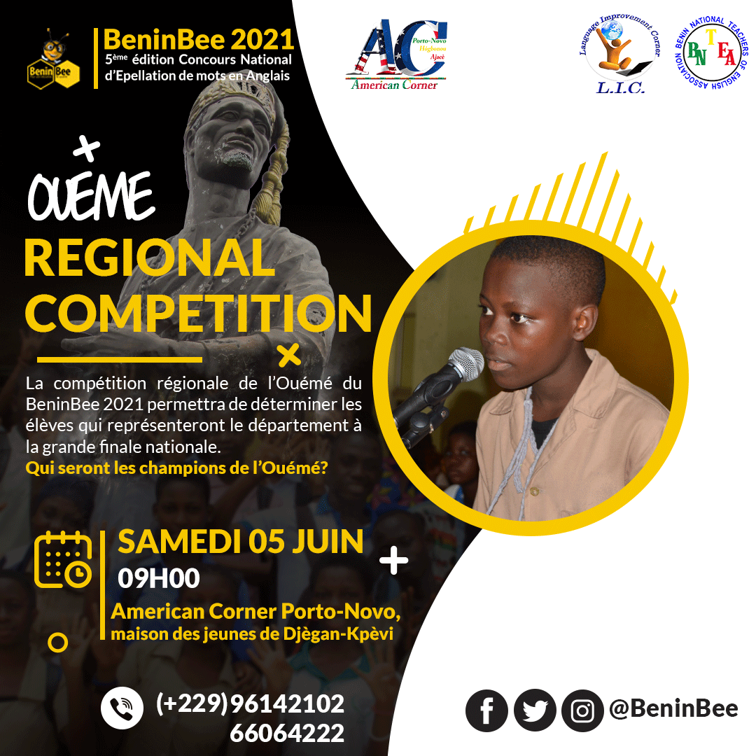 BeninBee's tweet photo. Les compétitions départementales du #BeninBee2021 de l'Ouémé et de l'Atlantique se tiendront simultanément ce samedi 5 juin 2021 a la biblio @BeninExcellence , ce de Zogbadjè, #Calavi et au American Corner de #PortoNovo
#BeninBee #Wasexo #team229 #spellingbee #BNTEA https://t.co/Znw8sjaUDH