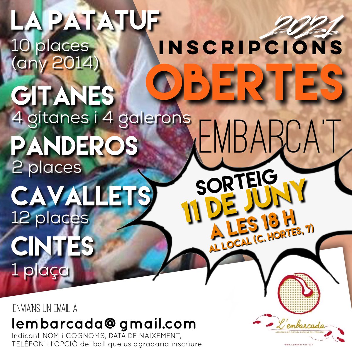 LEmbarcadaACP's tweet photo. 📋OBRIM PLACES per aquest 2021 en diferents balls:

- Ball de la PATATUF : 10 places 
(nens i nenes nascuts/des al 2014)
- Ball de GITANES: 4 gitanes i 4 galerons
- Ball de PANDEROS: 2 places
- Ball de CAVALLETS: 12 places
- Ball de CINTES: 1 plaça

ANIMEU-VOS!!!🤩🤩🤩 https://t.co/38p7cIsuBw