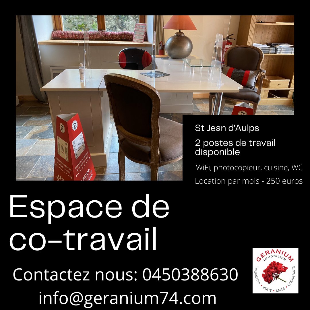 geranium74's tweet image. Nous avons 2 postes de travail disponible dans notre espace de co-travail au cœur de St Jean d'Aulps. Profitez d’un bureau lumineux et spacieuse, une cuisine, WC, Wifi et photocopieur. Location 250 euros charges compris. 
Contactez nous : 0450388630 ou info@geranium74.com