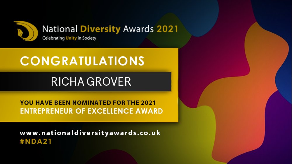 ndawards's tweet photo. Congratulations to Richa Grover @grroverriccha who has been nominated for the Entrepreneur of Excellence Award at The National Diversity Awards 2021. In association with @itvnews. To vote please visit https://t.co/1wImKJQbNZ #NDA21 #Nominate #VotingNowOpen https://t.co/8a68YWlkPX