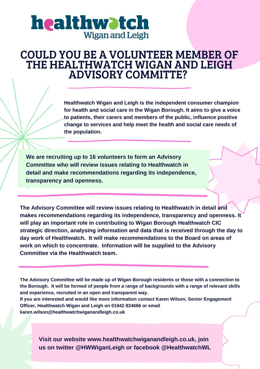 Could you be a volunteer member of the Healthwatch Wigan and Leigh Advisory Committee? 

We’re recruiting up to 16 volunteers to form an Advisory Committee - see details below!

If you are interested, contact Karen Wilson, Senior Engagement Officer, on 01942 834666 👇