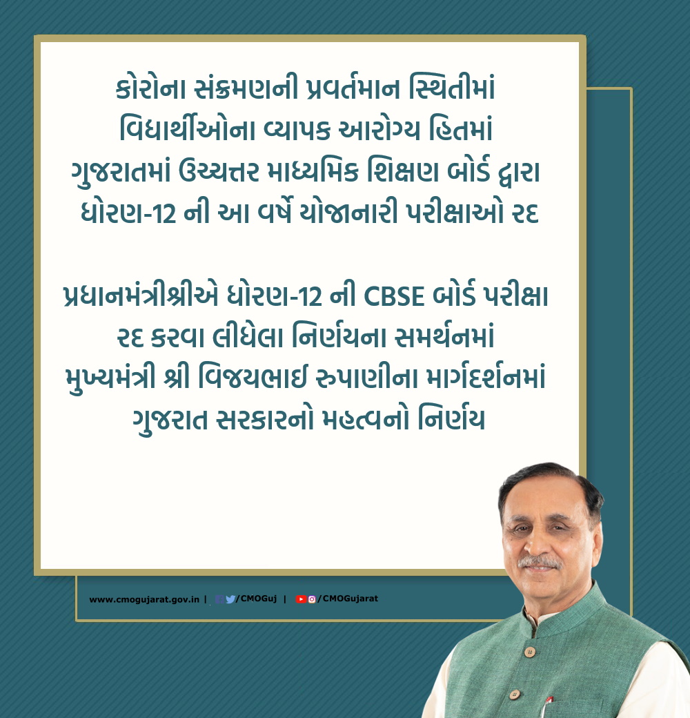 CMOGuj's tweet photo. In the wider health interests of the students, Gujarat Govt, under the direction of CM Shri @vijayrupanibjp, cancels Gujarat Secondary and Higher Secondary Education Board Class-12 examination in view of the prevailing situation of COVID-19 pandemic. https://t.co/Z5YmXNIRxl