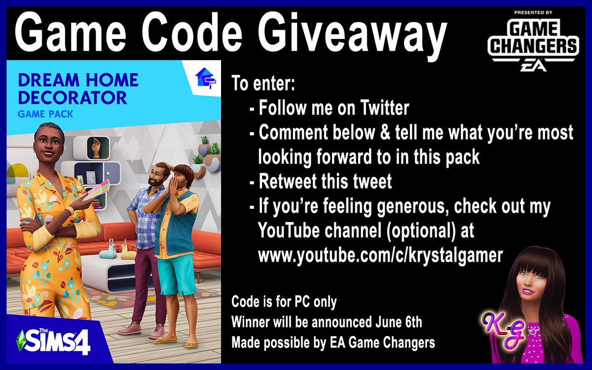 KrystalGamer1's tweet image. Dream Home Decorator Giveaway!

Info below.

If you want to check out my YouTube channel (optional): youtube.com/c/krystalgamer

Made possible by EA Gamechangers

#TheSims4DreamHomeDecorator #DreamHomeDecorator #TS4DreamHomeDecorator #TheSims4 #ts4