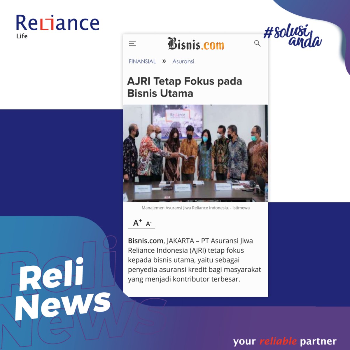 Reliance_ID's tweet photo. ASURANSI Jiwa Reliance Indonesia (AJRI) berhasil membukukan laba bersih setelah pajak sebesar Rp15,7 miliar pada tahun buku 2020. Laba bersih setelah pajak perseroan naik sebesar 149% dari tahun buku 2019 sebesar Rp6,3 miliar.

Selengkapnya:

https://t.co/vPEe8KiSeZ https://t.co/5IjKO488Vg