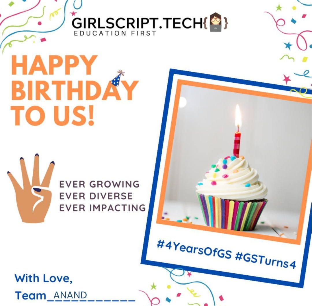 GirlscriptAnand's tweet image. Happy Birthday GirlScript! We will continue to grow together and help more technology enthusiasts with their learning curve!

#girlscript #educationfirst #anniversery #learning #intiative #4_year_of_girlscript
#technology