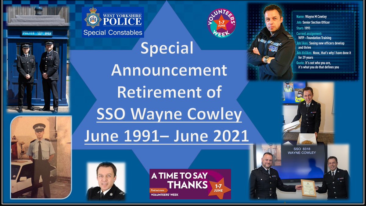 Congratulations to SSO Cowley  30yrs volunteering for <a href="/WestYorksPolice/">West Yorkshire Police</a>. Such an achievement starting at Bradford  retiring at Force Training School. Trained over approx. 600+ Specials over the years. @WYP_SSO8318 @WYPJohnRobins  <a href="/MayorOfWY/">Tracy Brabin, Mayor of West Yorkshire</a> @WYP_ChrisGibson #bespecial