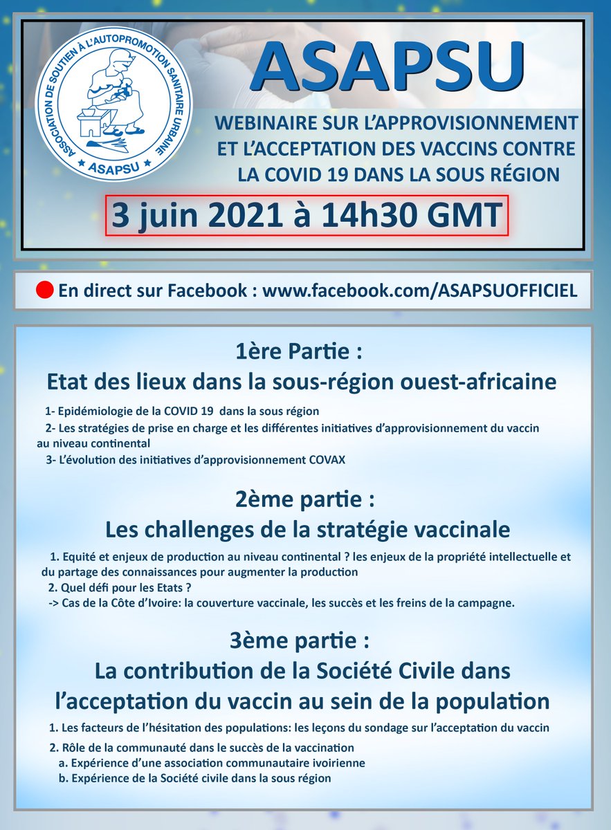#COVID19 EVENT ! ASAPSU en Côte d'ivoire vous invite à son webinaire sur l'approvisionnement et l'acceptation des vaccins COVID 19 en Afrique : c'est ici participer à la réunion Zoom J-1
us02web.zoom.us/j/83670209046?…
@GHAFrance @Santeci @ACTION_tweets @ErnoultNathalie @Clarslos