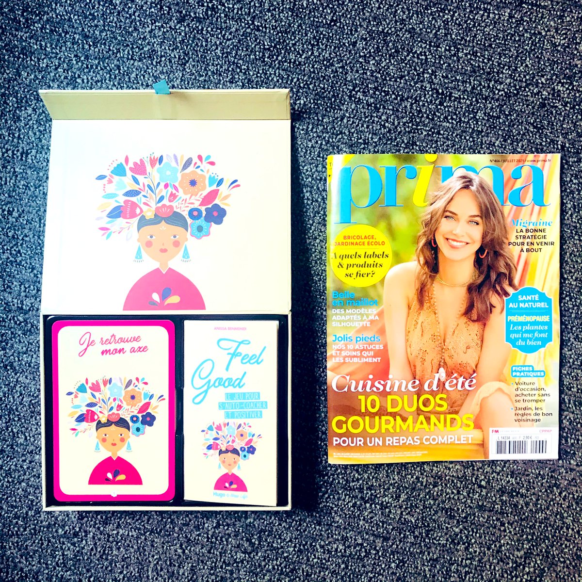 🔝 « Ce jeu bienveillant est à consommer sans modération » 
Notre joli coffret #FeelGood <a href="/Hugo_New_Life/">Hugo New Life</a> est dans les pages santé du dernier <a href="/MagazinePrima/">Prima France</a>, un numéro qui sent bon l’été ☀️ #developpementpersonnel #bienetre