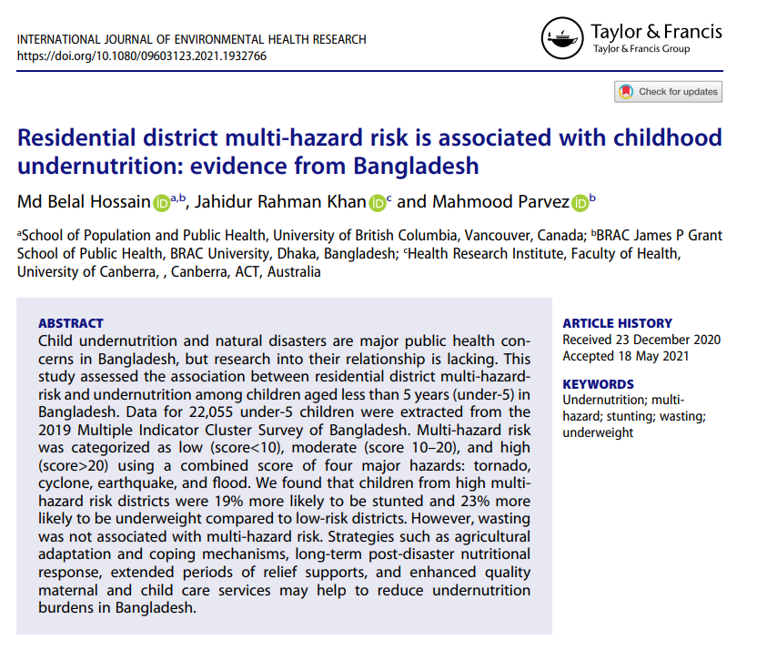 Another @ubcspph, @BRACJPGSPH, and @UCFacultyHealth collaborative work published online about multi-hazard risk and childhood #undernutrition with @khan_jrk. tandfonline.com/doi/full/10.10…