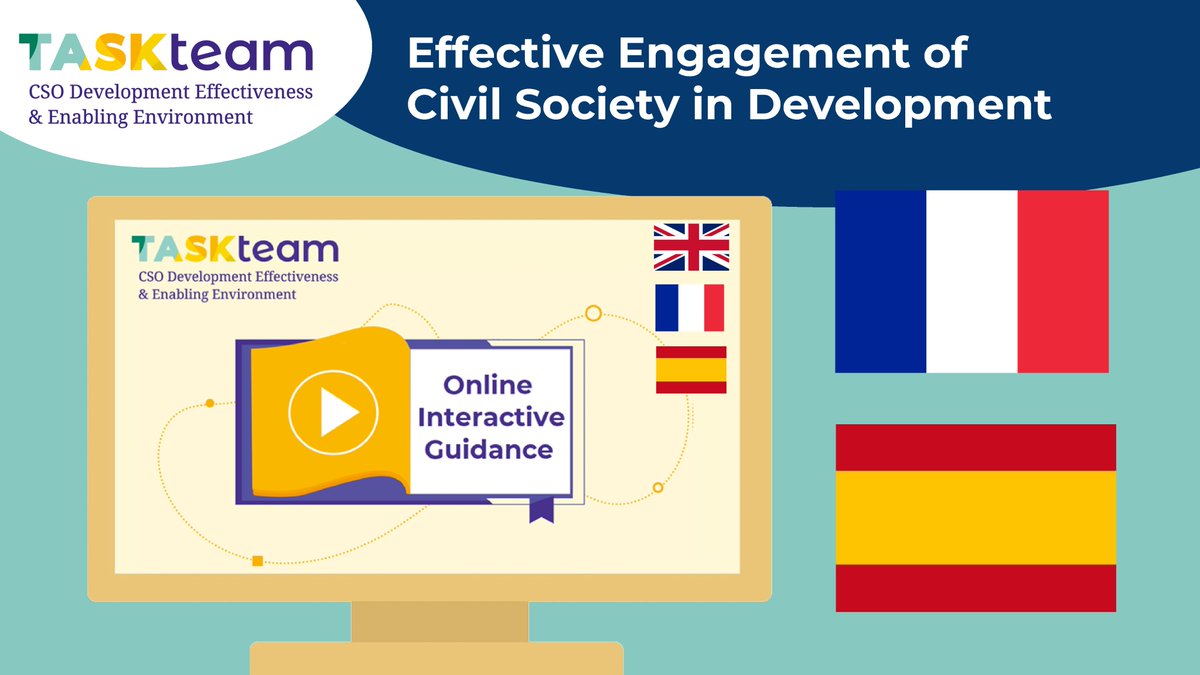 TaskTeamCSO's tweet image. The Online Interactive Guidance on Effective Engagement of Civil Society in Development is now also available in French and Spanish! 

🇫🇷 Inscrivez-vous maintenant ➡️ bit.ly/34fOHvc 
🇪🇸 Enlístate ahora➡️ bit.ly/34fcefL