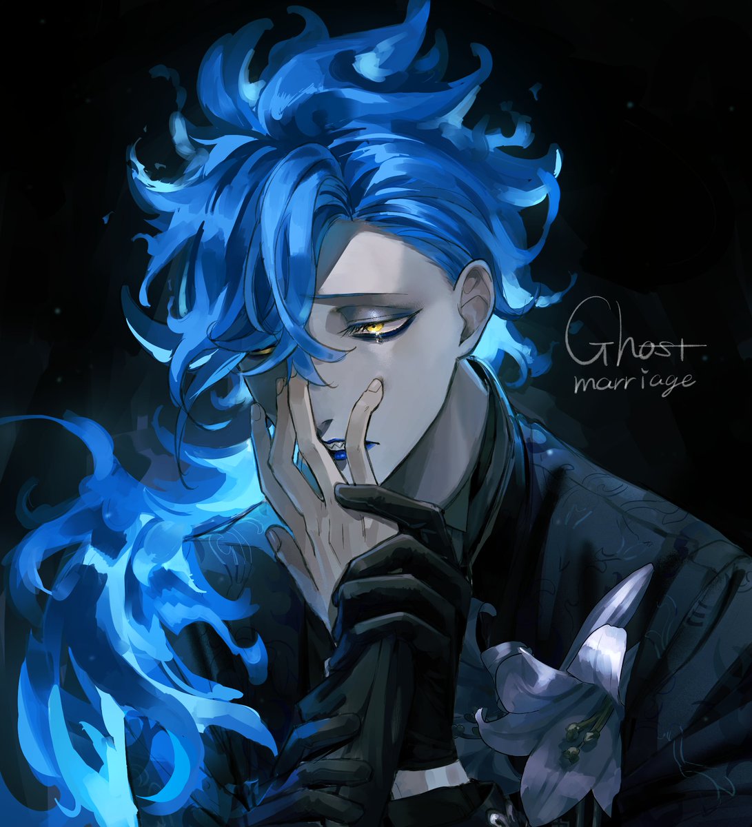 male focus fiery hair yellow eyes blue hair 1boy blue lips gloves  illustration images