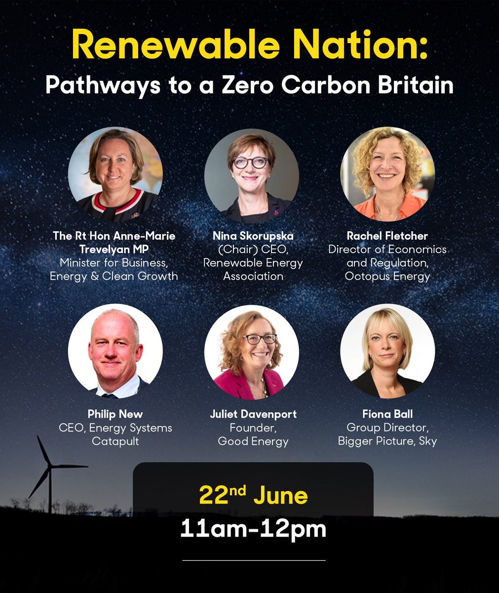 Join us on 22nd June for the launch of our new Renewable Nation report. It's a bold vision for a zero carbon Britain.

We will discuss the findings with some of the UK's leading figures in energy and sustainability, including The Rt. Hon @annietrev. 

➡️eventbrite.co.uk/e/renewable-na…
