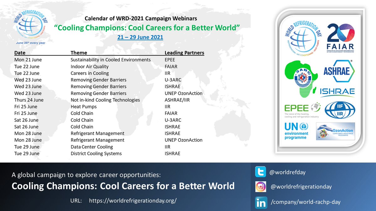 EPEESecretariat's tweet photo. #SaveTheDate - Don't miss our 'Cool Careers in #Sustainable Cooling' webinar as part of #WRefD21 ☑️Have the chance to find your new career path in sustainable cooling! 
📆 21 June 
⌚️ 13:00 CET 

Register here https://t.co/pAaUqR4tFq and check out full #WRefD21 programme below: https://t.co/6zJC4XRxJB