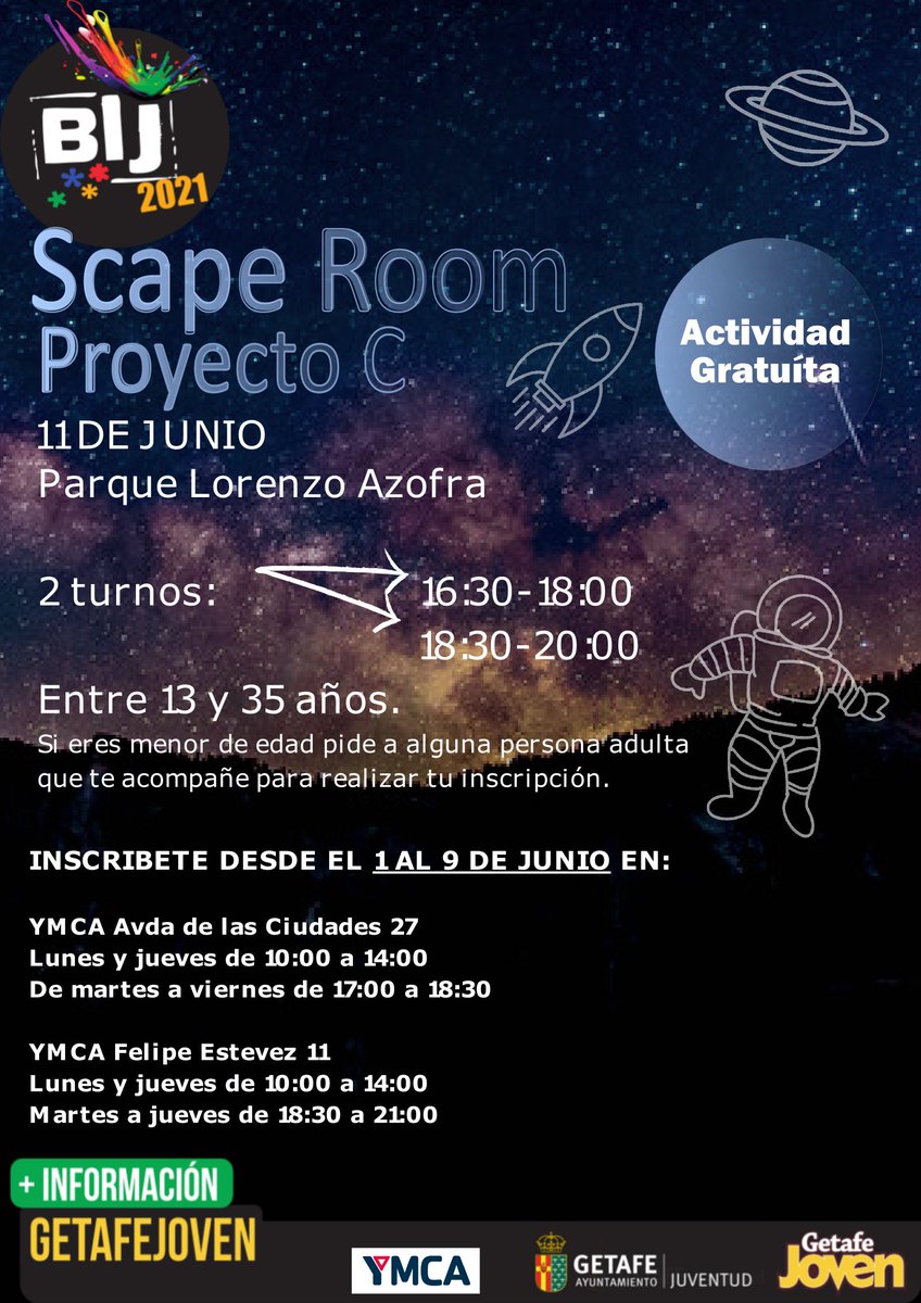 getafejoven's tweet photo. ¿Tienes libre el viernes 11? Te necesitamos para salvar la humanidad
Si tienes entre 12 y 18 años, participa en #ProyectoC, el #ScapeRoom que organiza @ymca_esp y la #BIJ2021, el próximo viernes 11 de junio ¡¡Inscríbete ya!! Te lo contamos en https://t.co/qNHO0hNEXj @getafejoven https://t.co/R6HOFs1Sp6