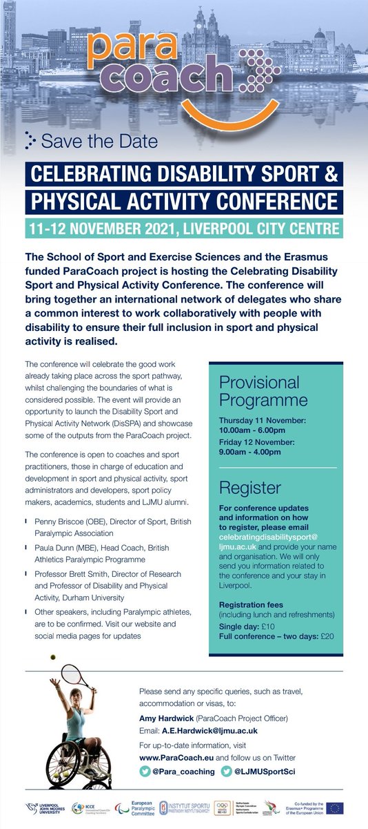 🚨 SAVE THE DATE 🚨 

Big news today! We are thrilled to announce that we are hosting the "Celebrating Disability Sport &amp; Physical Activity" conference with <a href="/LJMUSportSci/">LJMU Sport Science</a> later this year in Liverpool!

Check out the flyer below for more info ⬇️⬇️⬇️