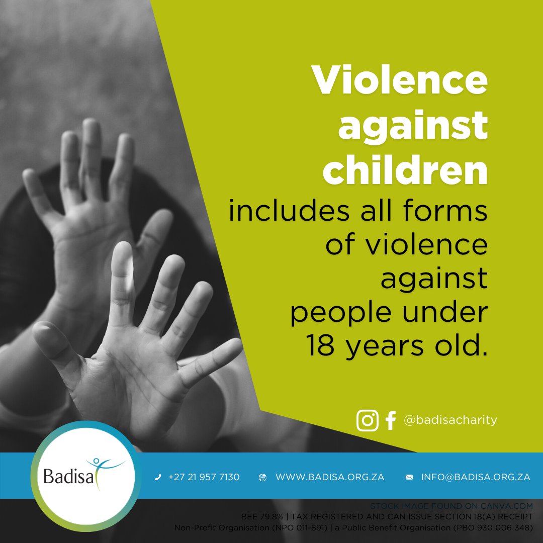 CHILD PROTECTION WEEK (30 May – 6 June)
Violence stays violence, even if committed by parents or other caregivers, peers, romantic partners, or strangers. 
Learn more about Badisa and child protection, badisa.org.za/children-and-f…
#badisa #childprotection