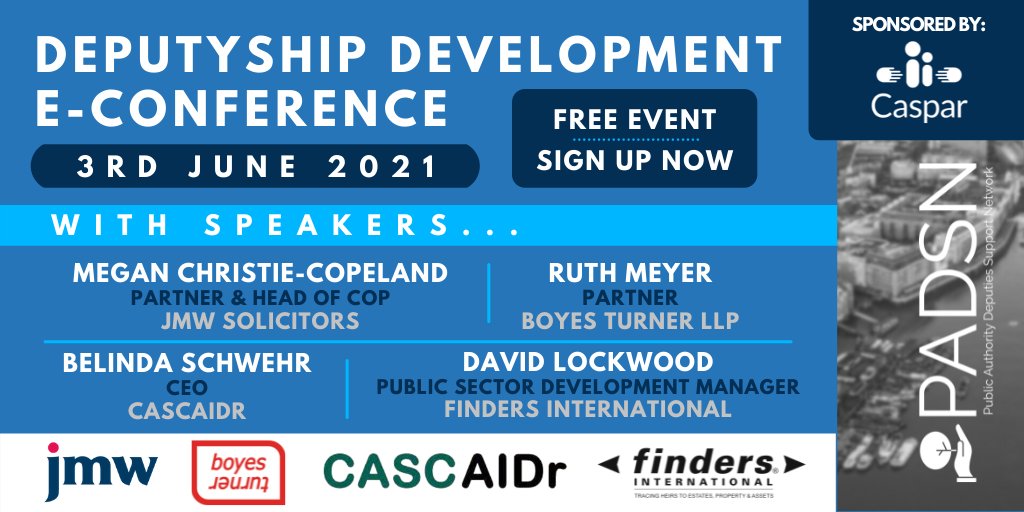 findersprobate's tweet image. [TOMORROW] Deputyship Development E-Conference | 3rd June 2021 | 10:30am &amp;gt;&amp;gt; ow.ly/6lFA50EQjYo @PublicDeputies

Speakers include;  @jmwsolicitors @boyesturner @cascaidr

#localauthorities #publicdeputies #testamentarycapacity #statutorywills #depdevday