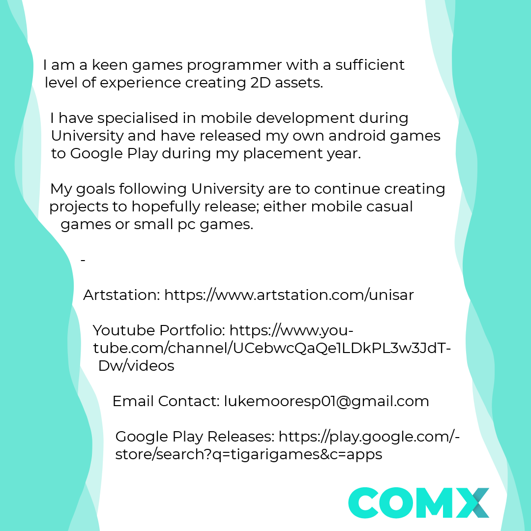 uogct's tweet photo. This is Luke, one of our talented third year students working through his final year as a game’s programmer. Check out some of his work below and see him and more at COMX this Friday! Head over to the COMX website to get your tickets now #VirtualCOMX #COMX21 https://t.co/75jpVO3k81
