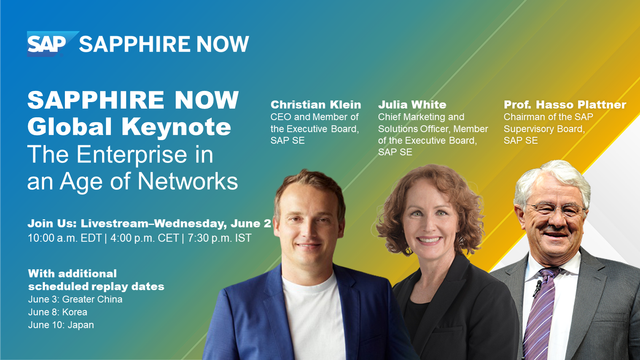 NellyBoustany's tweet photo. Join us on June, 2 for the SAPPHIRE NOW Global Keynote featuring SAP CEO Christian Klein, Chairman of the SAP Supervisory Board Prof. Hasso Plattner, SAP Chief Marketing and Solutions Officer Julia White, and special guests. https://t.co/T5ReMSIONj https://t.co/pYwro9IQGA