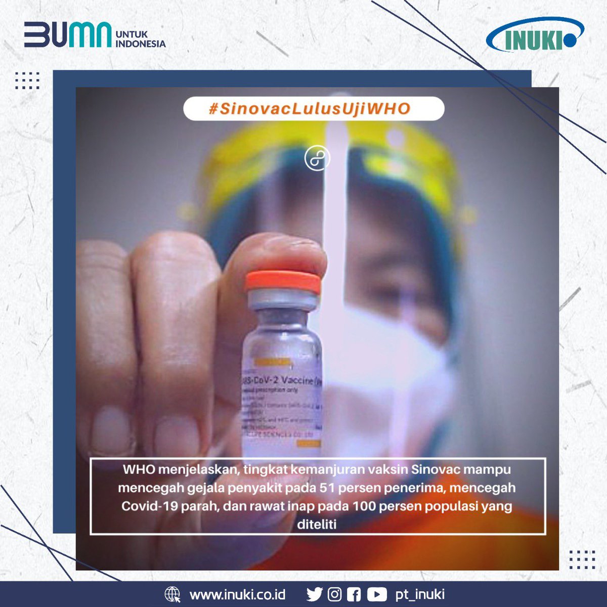 #SobatBUMN, Organisasi Kesehatan Dunia (WHO) menyetujui vaksin Covid-19 buatan Sinovac Biotech untuk penggunaan darurat. Persetujuan WHO tersebut membantu negara-negara di seluruh dunia untuk dengan cepat menyetujui dan mengimpor vaksin untuk didistribusikan.

#SinovacLolosUjiWHO