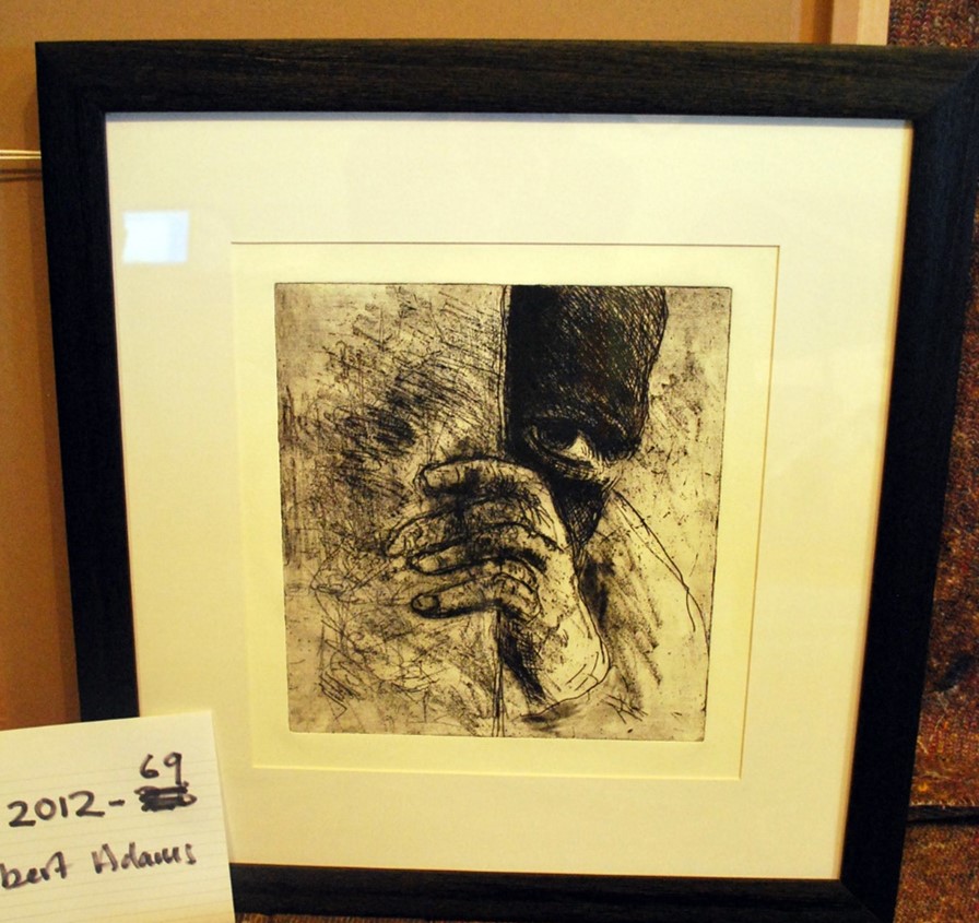 UoSArts's tweet photo. We're having a bit of a 'blue/gold dress' type optical illusion here in the store... In this print by #AlbertAdams what can you see behind the wall?π€ Colleagues can only see one or the other! Poll below...(image: The Prisoner, 1998, etching & aquatint) https://t.co/mBlfmGyAgZ