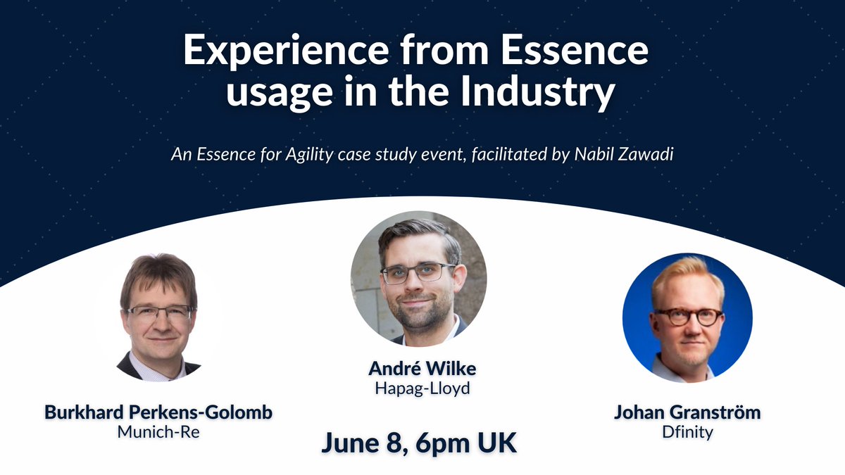 IvarJacobsonInt's tweet image. The Essence for Agility meetup community will reunite Tuesday, June 8th, for a practical discussion on ‘Experience from Essence usage in the Industry’.  

Sign-up to join the other 2,400 community members and register your attendance for the event here: bit.ly/3ss5ipc