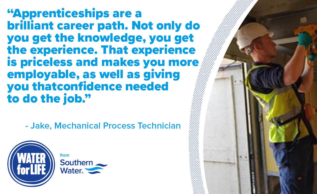 SouthernWater's tweet image. We’re looking for passionate people to join our water process technician and operator apprenticeship schemes! 

Here’s what apprentice, Jake had to say about his experience so far… 

To find out more and apply, visit: ow.ly/A3Z450EZSeu