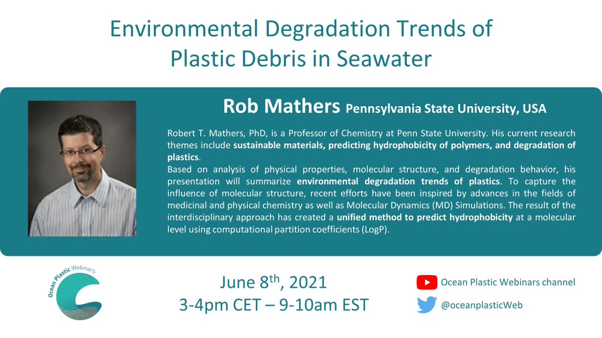 OceanPlasticWeb's tweet photo. It's almost time for our next webinar. 
Join us live on 8 June at 3pm CET to hear Prof Rob Mathers from Penn State talk about plastic degradation in the marine environment. 
Definitely a must watch! https://t.co/GwTu7hYM1Y