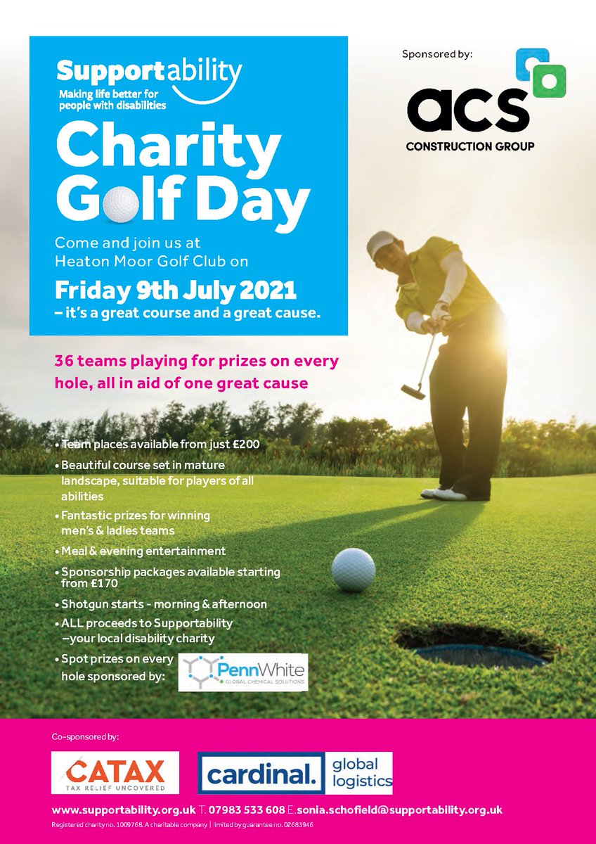We still have team spots available for our Golf Day at the fantastic <a href="/HeatonMoorGC/">Heaton Moor Golf Clb</a> with all proceeds going to a great cause.  To book your place contact sonia.schofield@supportability.org.uk
<a href="/ACSConstruction/">ACS Construction Ltd</a>  @Catax_Group  @CardinalTrust  <a href="/PennWhite/">PennWhite Group</a> <a href="/MoorMag/">The Moor Magazine</a>