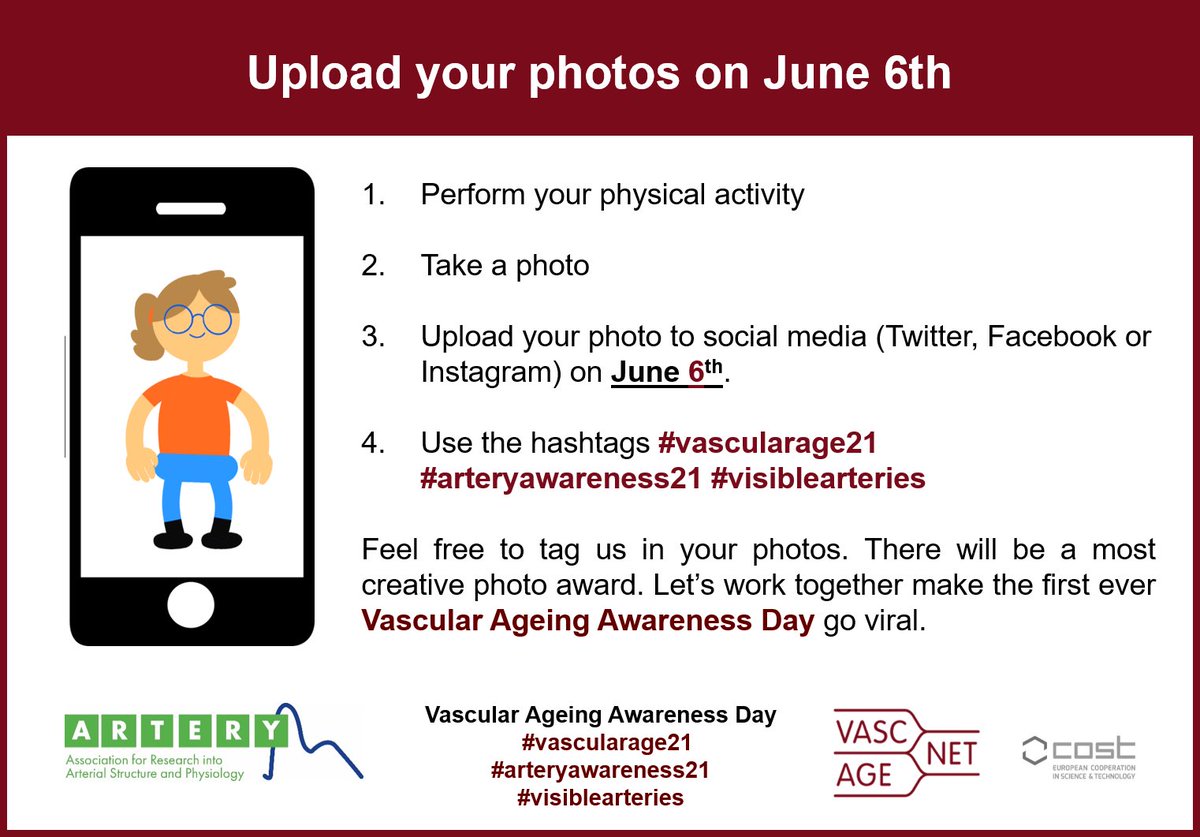 VascAgeNet's tweet photo. 4 days to go until Vascular Ageing Awareness Day. Here is a reminder of the 4 simple steps that you need to complete to take part. Get creative with your photos! #vascularage21 #arteryawareness21 #visiblearteries #physicalactivity #awareness   #vasculartwitter @COSTprogramme https://t.co/km05H3pXVW