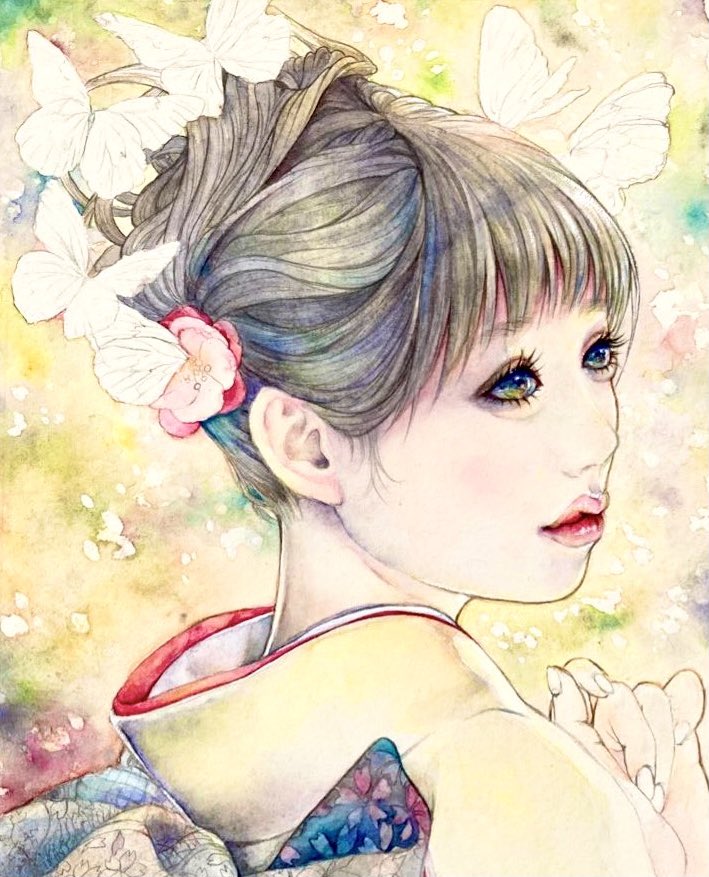 1girl solo japanese clothes kimono butterfly bug flower  illustration images