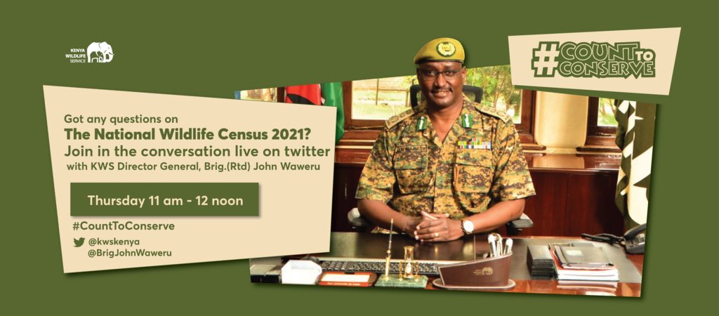 BrigJohnWaweru's tweet photo. Do you have any questions concerning The National Wildlife Census?

Join in on the conversation tomorrow on Twitter from 11:00 AM to 12:00 Noon using the hashtag #CountToConserve 

Let’s engage on a conversation on conservation.

#CountToConserve
@kwskenya https://t.co/bA5CTAEf6n