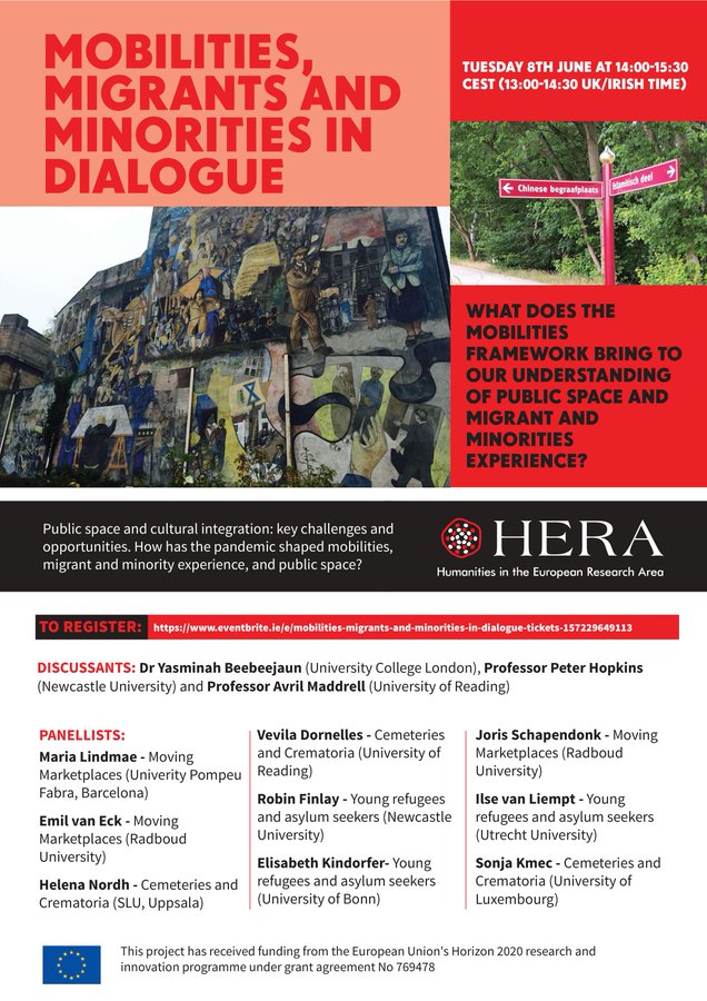 The next @HERA_Research webinar, 'Mobilities, migrants and minorities in dialogue', is on Tuesday 8 June, 14:00 CET / 13:00 GMT. Hosted by HERA projects CEMI (Cemeteries and Crematoria), EEYRASPS (Young refugees and asylum seekers) & @MmpMoving Register➡️bitly.ws/dIiF
