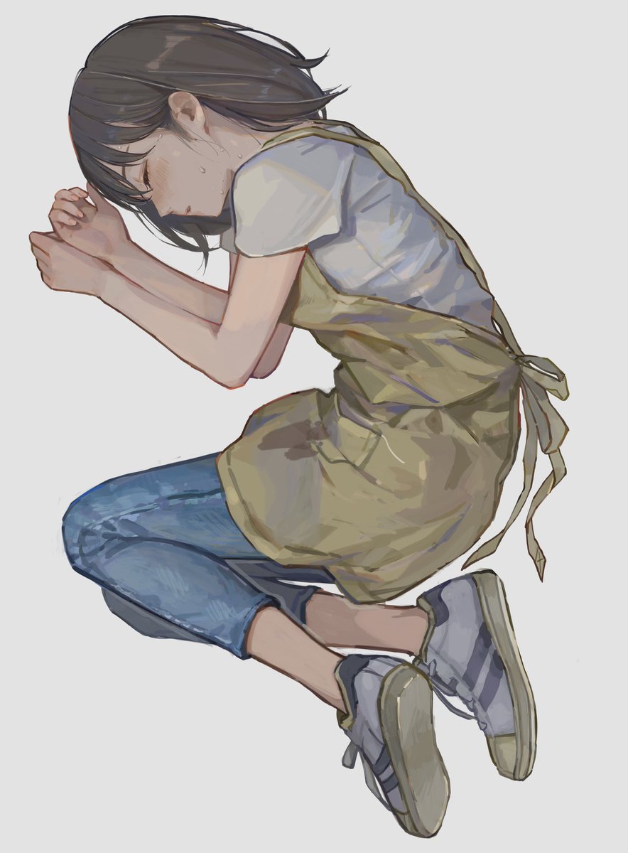 1girl solo closed eyes apron pants shoes sneakers  illustration images