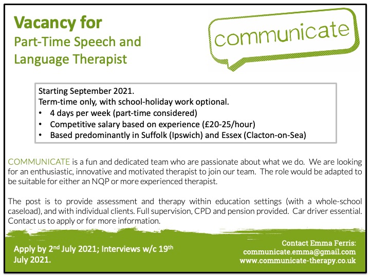 My team have a job vacancy for September ... consider applying, share with others, and feel free to ask any questions! @COMMUNICATEslts @SLTSocietyUEA @SLTsocietyEssex