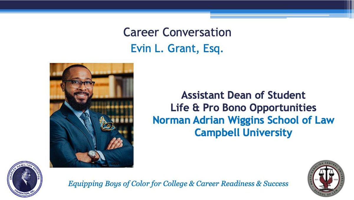:: Special thanks to Evin Grant (<a href="/SocialMediaEvin/">Evin Lamar</a>), Assistant Dean of Student Life &amp; Pro Bono Opportunities at @CampbellLawNow.  for serving as the Speaker for our Career Conversation at the Career Competency Workshop of the Young Men of Excellence Program.