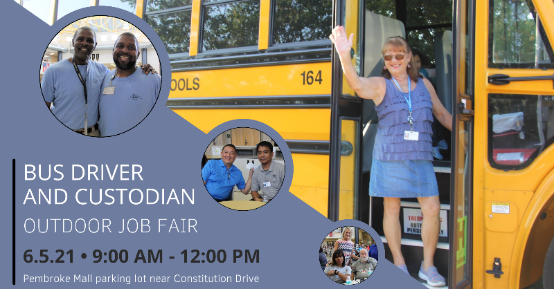 VBCPS_HR's tweet photo. We are hiring bus drivers and custodians! Stop by this Saturday to chat with our recruiters. We'll be in the Kohl’s parking lot near Constitution Drive. Look for the big yellow school bus! 🚌 
@VBCPS_YellowBus @DistServices @vbschools
